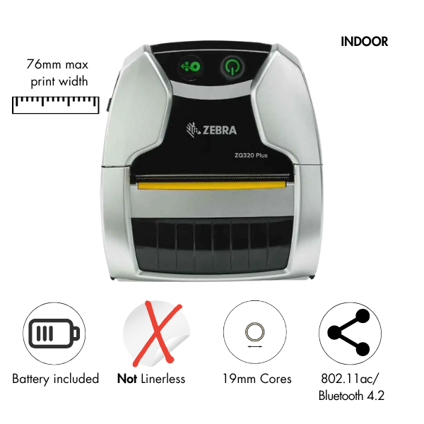 Zebra ZQ320 Plus Indoor DT Printer 3''/76mm, 802.11ac/ Bluetooth 4.2 , Linered platen, 0.75'' core (ZQ32-A0W03RE-00)
