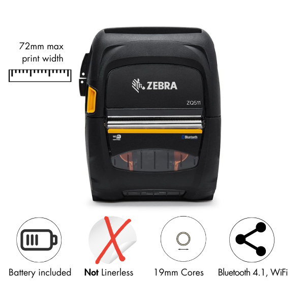 Zebra ZQ511 direct thermal mobile printer / Dual 802.11ac/Bluetooth 4.1, includes stnd battery, EMEA certs (ZQ51-BUW000E-00)