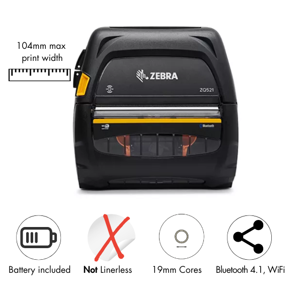 Zebra ZQ521 direct thermal mobile printer / Dual 802.11ac/ Bluetooth 4.1/ includes stnd battery, EMEA certs (ZQ52-BUW000E-00)