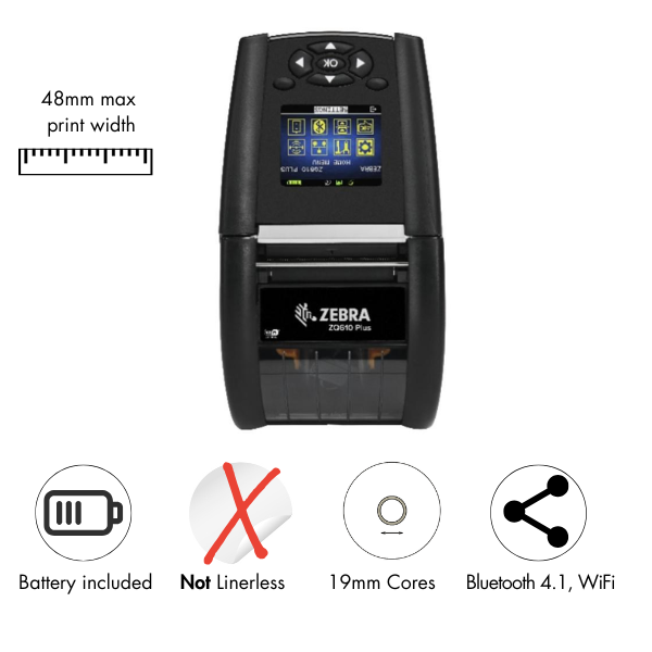 Zebra ZQ610 Plus DT Printer 2''/48mm, Dual 802.11AC / BT4.x, Linered platen, 0.75'' core (ZQ61-AUWAE14-00)