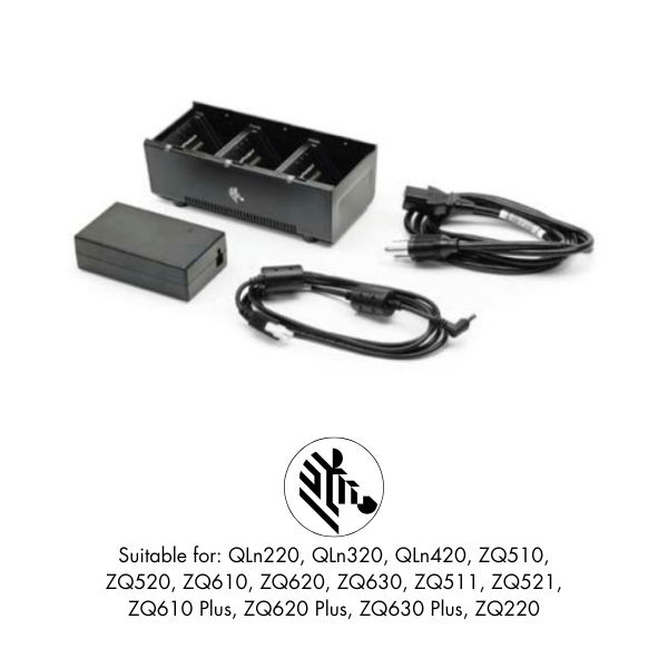 Zebra UK 3-slot Battery Charger -ZQ600, QLn, ZQ600 Plus and ZQ500 Series - includes power supply and UK cord (SAC-MPP-3BCHGUK1-01)